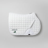 A white quilted equestrian saddle pad with a white leather girth loop and the Absolute Fundamentals logo