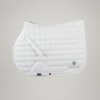 A white quilted equestrian saddle pad with a white leather girth loop and the Absolute Equestran Collective logo