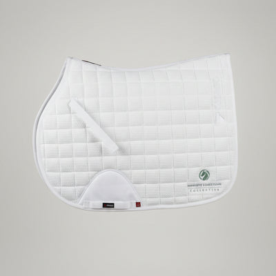 A white quilted equestrian saddle pad with a white leather girth loop and the Absolute Equestran Collective logo